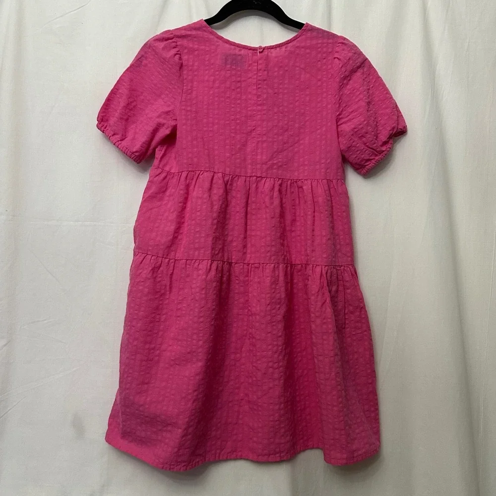 Old Navy Girls Pink Tiered Babydoll Dress Short Sleeve Textured Size L 10-12